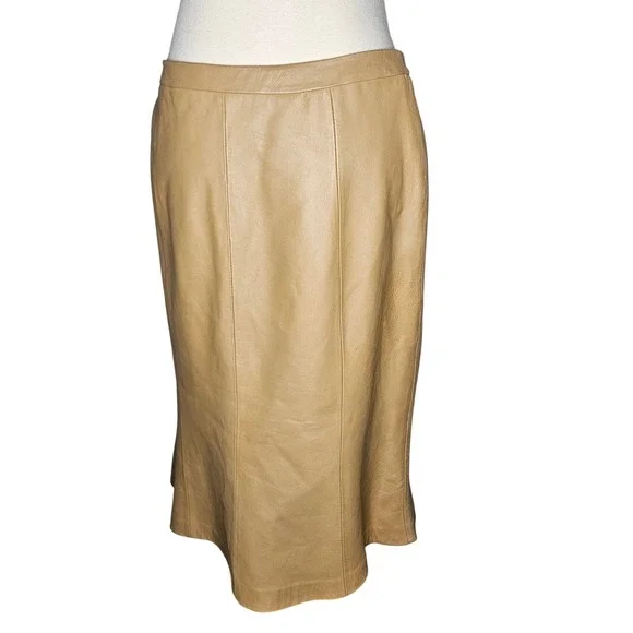 Kasper Genuine Leather A Line Below Knee Skirt Tan Camel Lined Career 8 - Picture 4 of 6